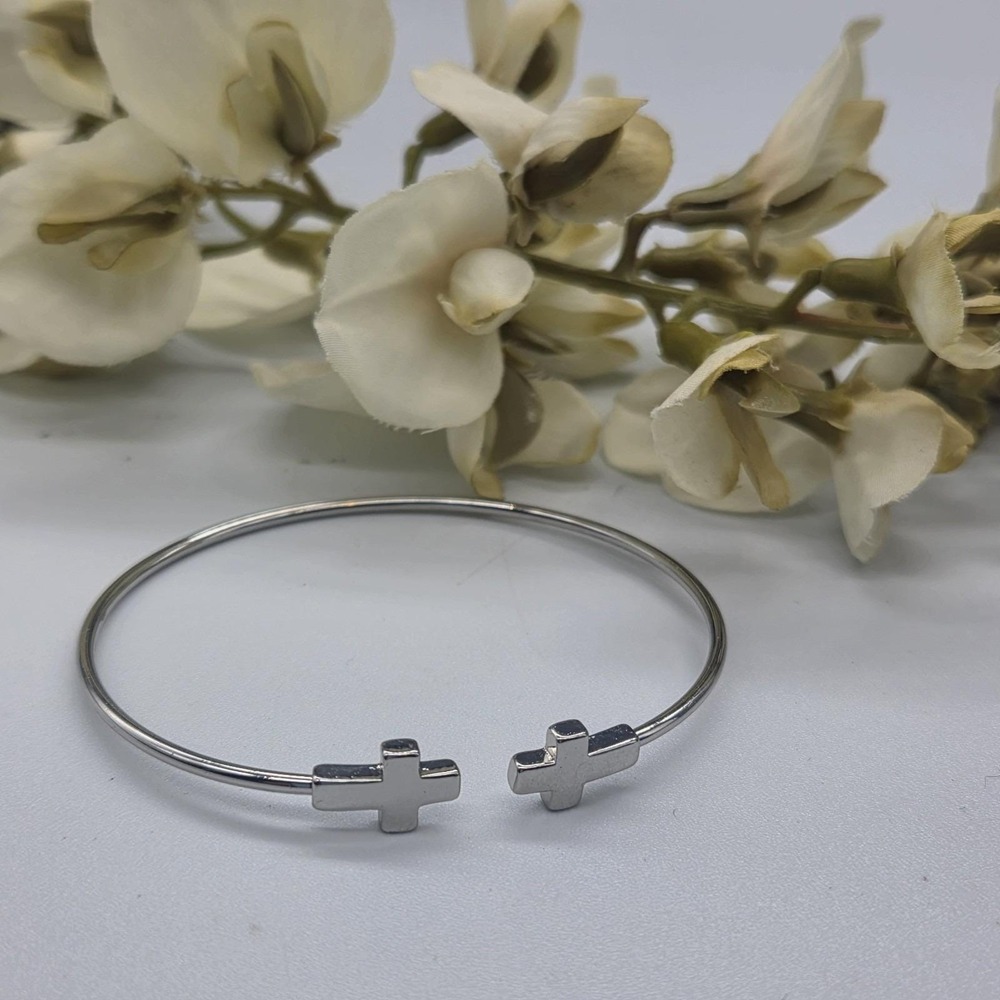 Silver Tone Double Cross Cuff Bracelet Adjustable Religious